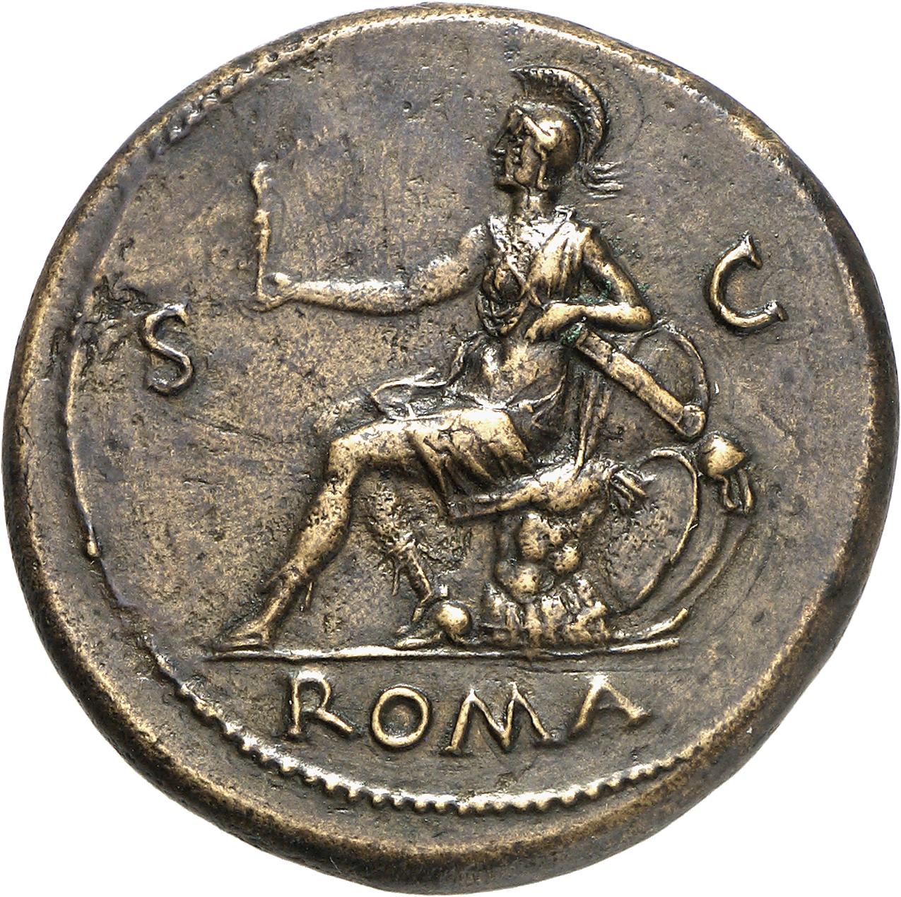 RIC I (second edition) Nero 443 Nero reverse, Roma, helmeted, in military dress, seated left on cuirass, holding Victory i...