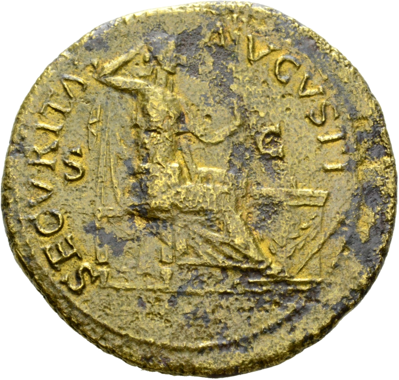 RIC I (second edition) Nero 445 Nero reverse, Securitas, bare to waist, seated right, on throne, resting head against righ...