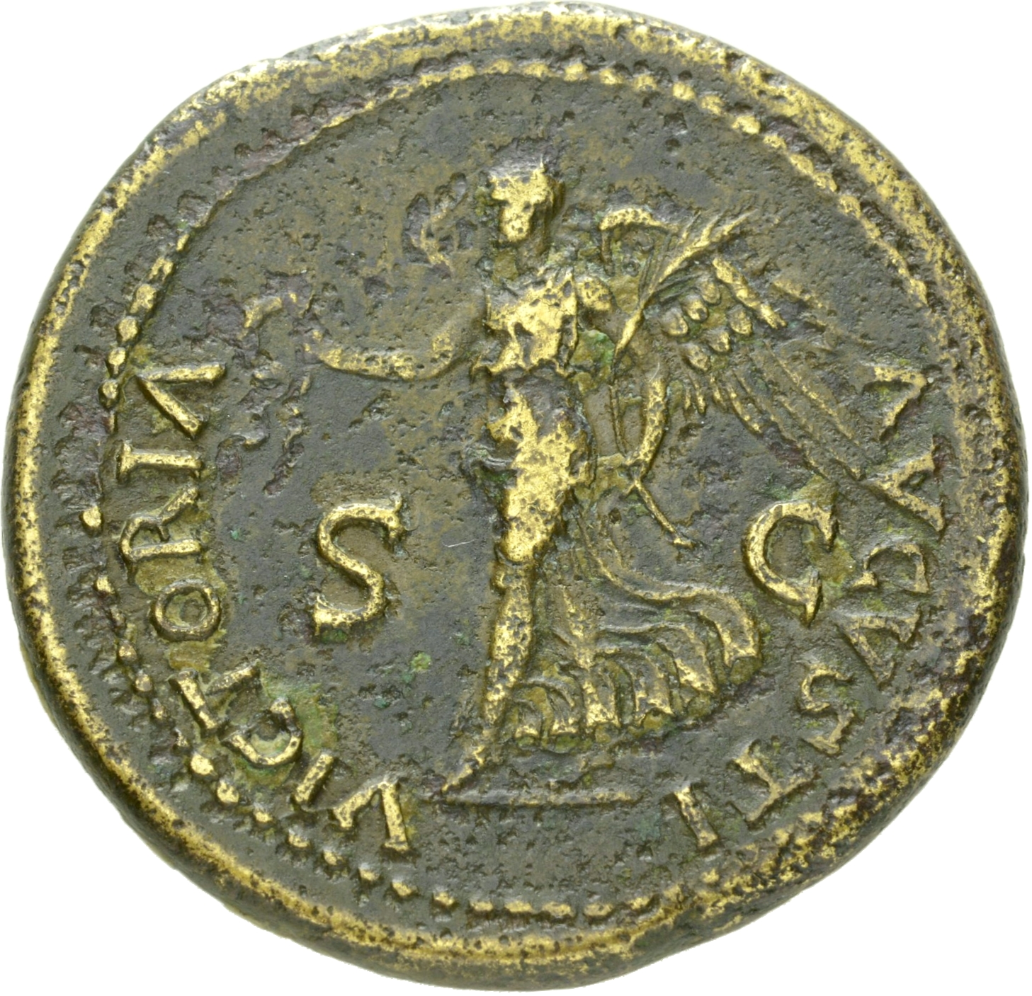 RIC I (second edition) Nero 449 Nero reverse, Victory walking left, holding wreath in right hand and palm in left