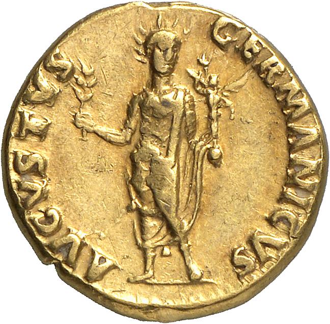 RIC I (second edition) Nero 46 Nero reverse, Nero, radiate, togate, standing front, left knee slightly bent, holding branc...