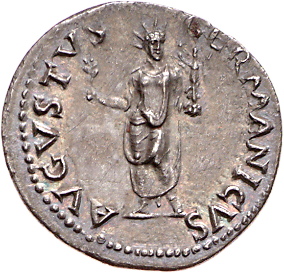 RIC I (second edition) Nero 47 Nero reverse, Nero, radiate, togate, standing front, left knee slightly bent, holding branc...