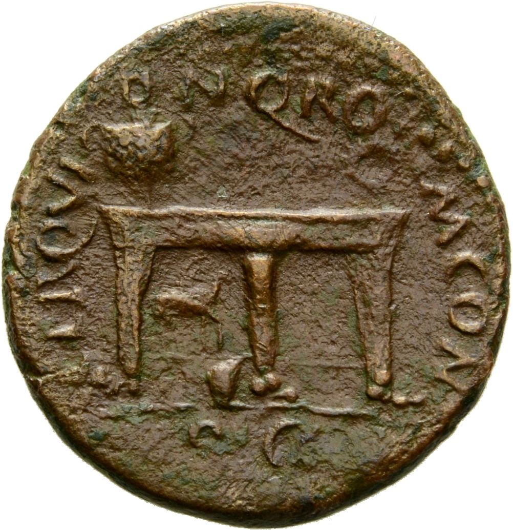 RIC I (second edition) Nero 487 Nero reverse, Table decorated with two sphinxes or gryphons confronting; on top, urn and w...