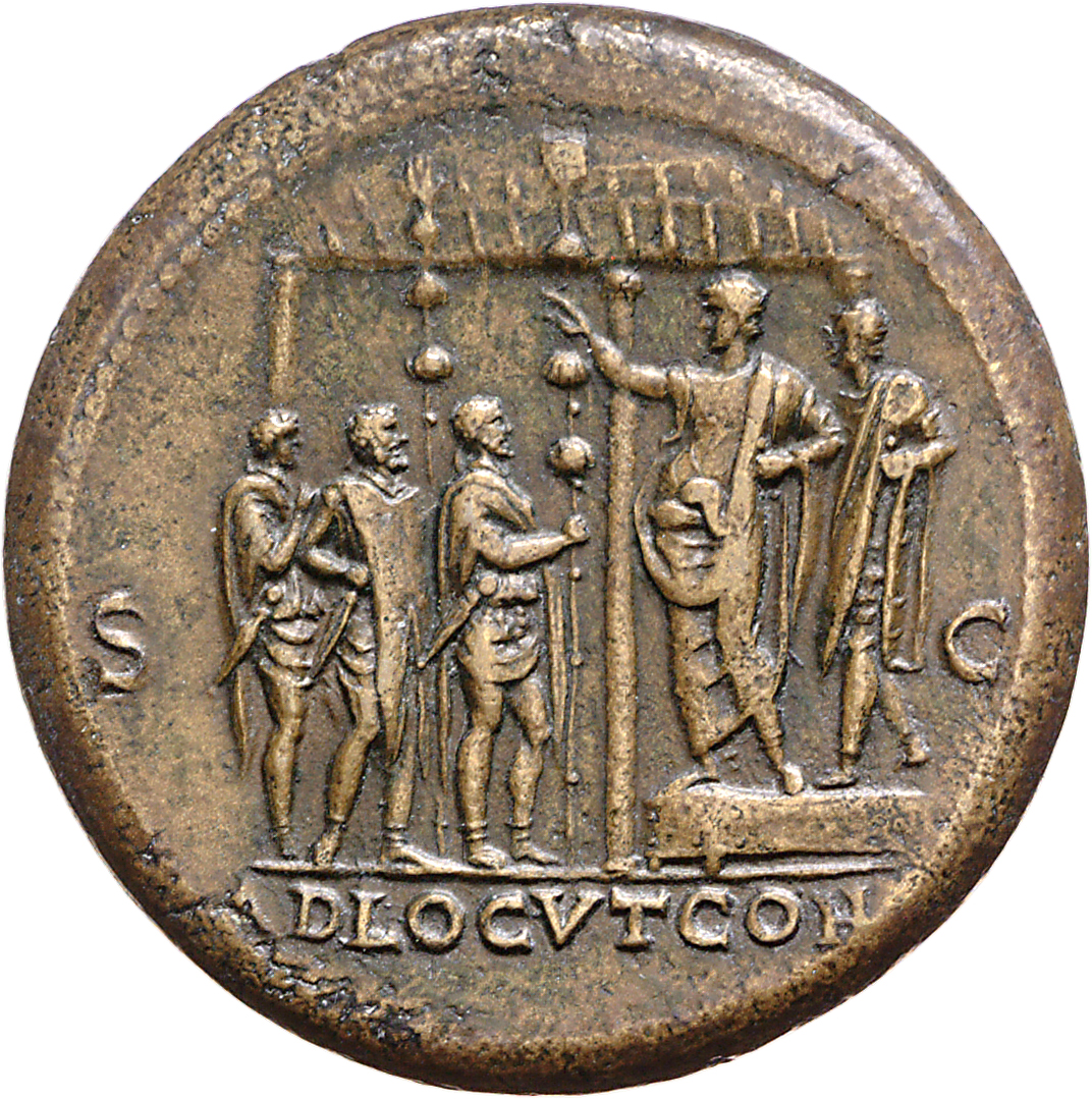 RIC I (second edition) Nero 491 Nero reverse, Nero, bare-headed and togate, standing, left, with praetorian prefect on pla...