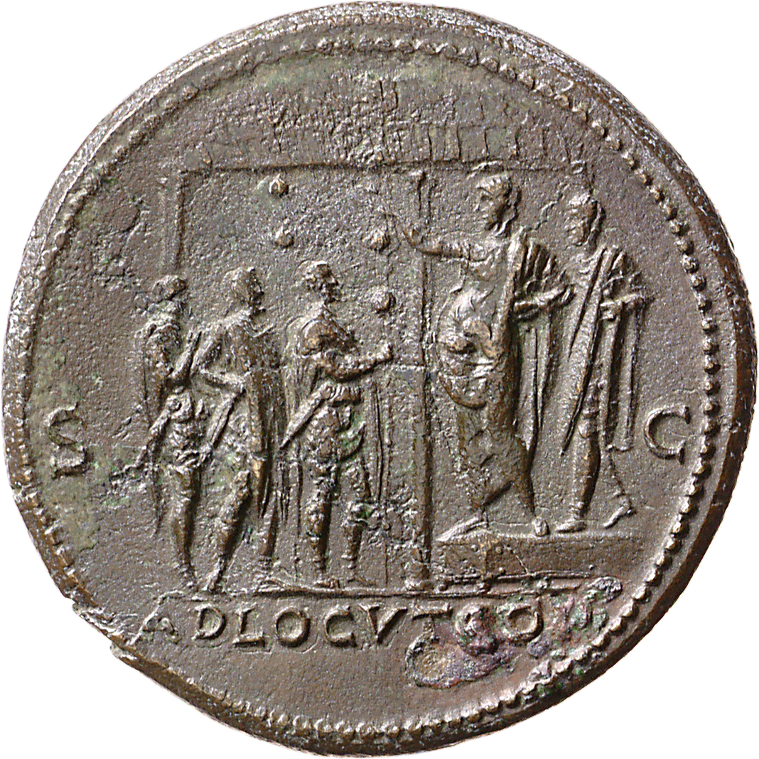 RIC I (second edition) Nero 491 Nero reverse, Nero, bare-headed and togate, standing, left, with praetorian prefect on pla...