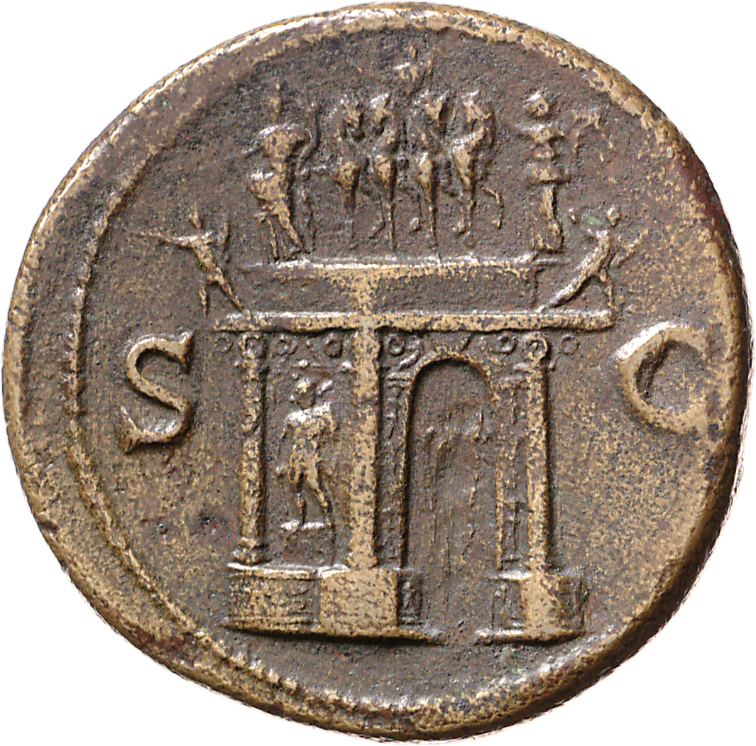 RIC I (second edition) Nero 500 Nero reverse, View of triumphal arch, showing front and left hand side; above, the Emperor...