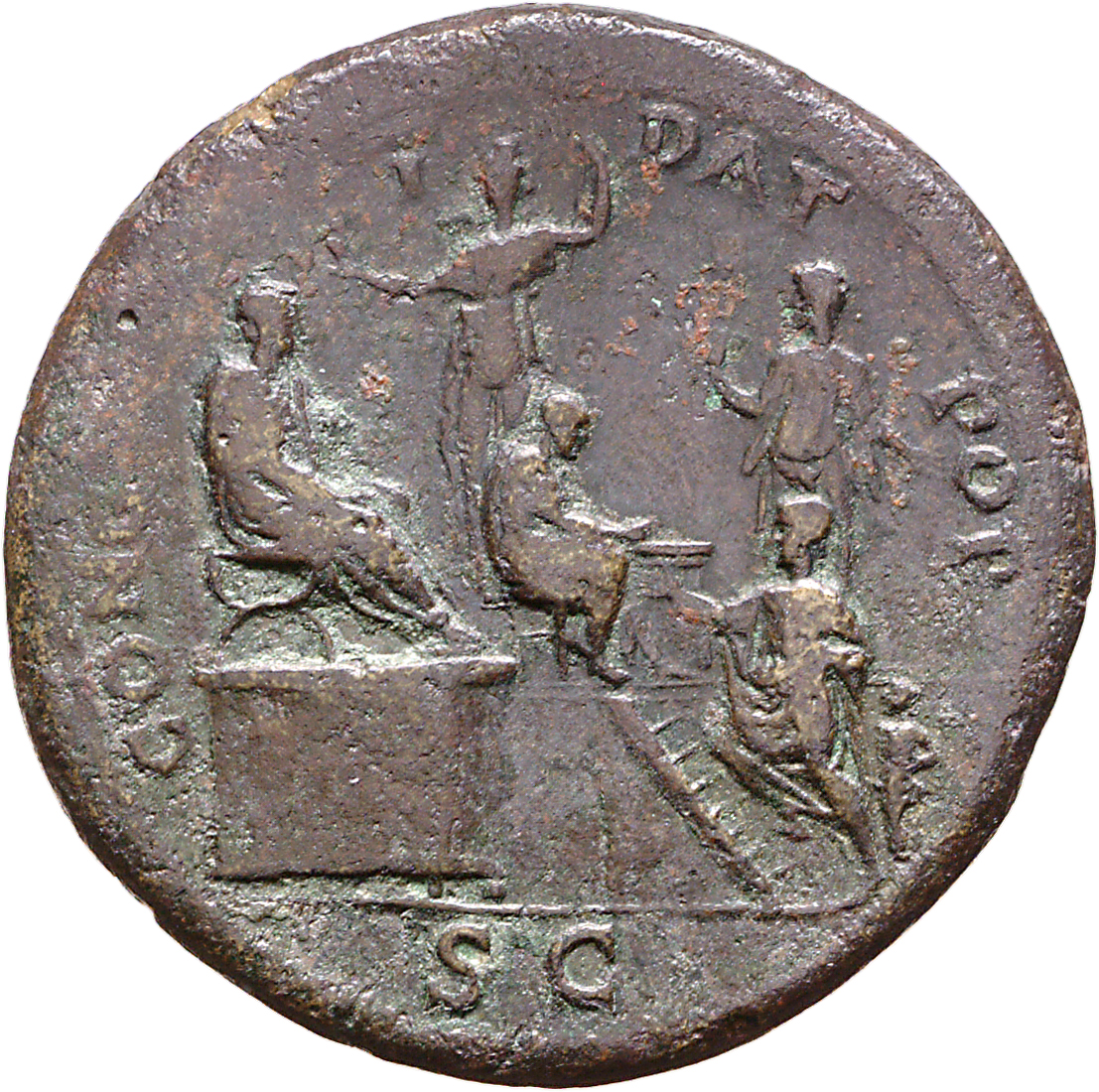 RIC I (second edition) Nero 502 Nero reverse, Nero, bare-headed and togate, seated right, on platform, left; official seat...