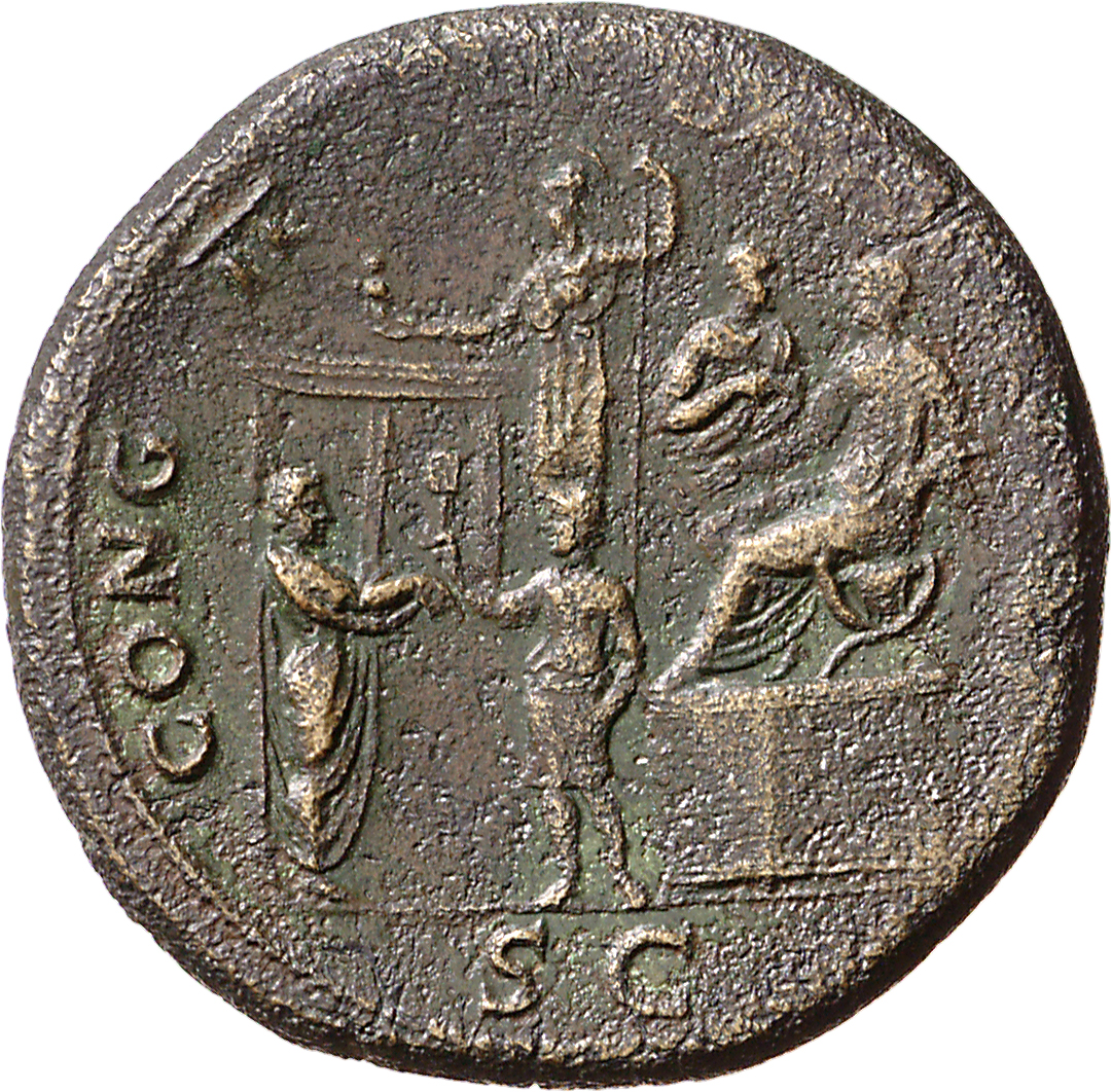 RIC I (second edition) Nero 506 Nero reverse, Nero, bare-headed and togate, seated right, on platform, right; praefectus a...