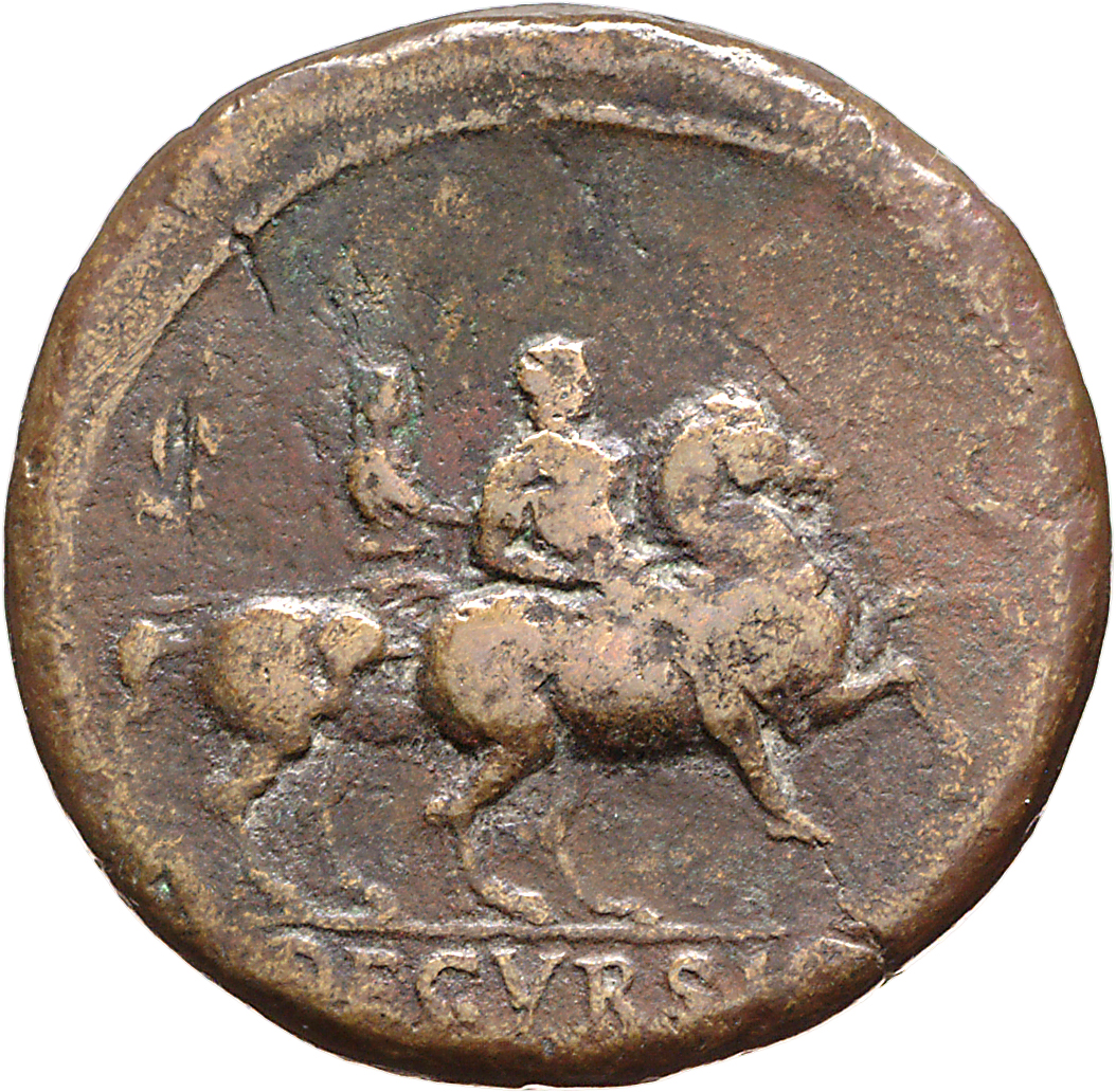 RIC I (second edition) Nero 508 Nero reverse, Nero, bare-headed, cuirassed, cloak flying behind, prancing right on horseba...