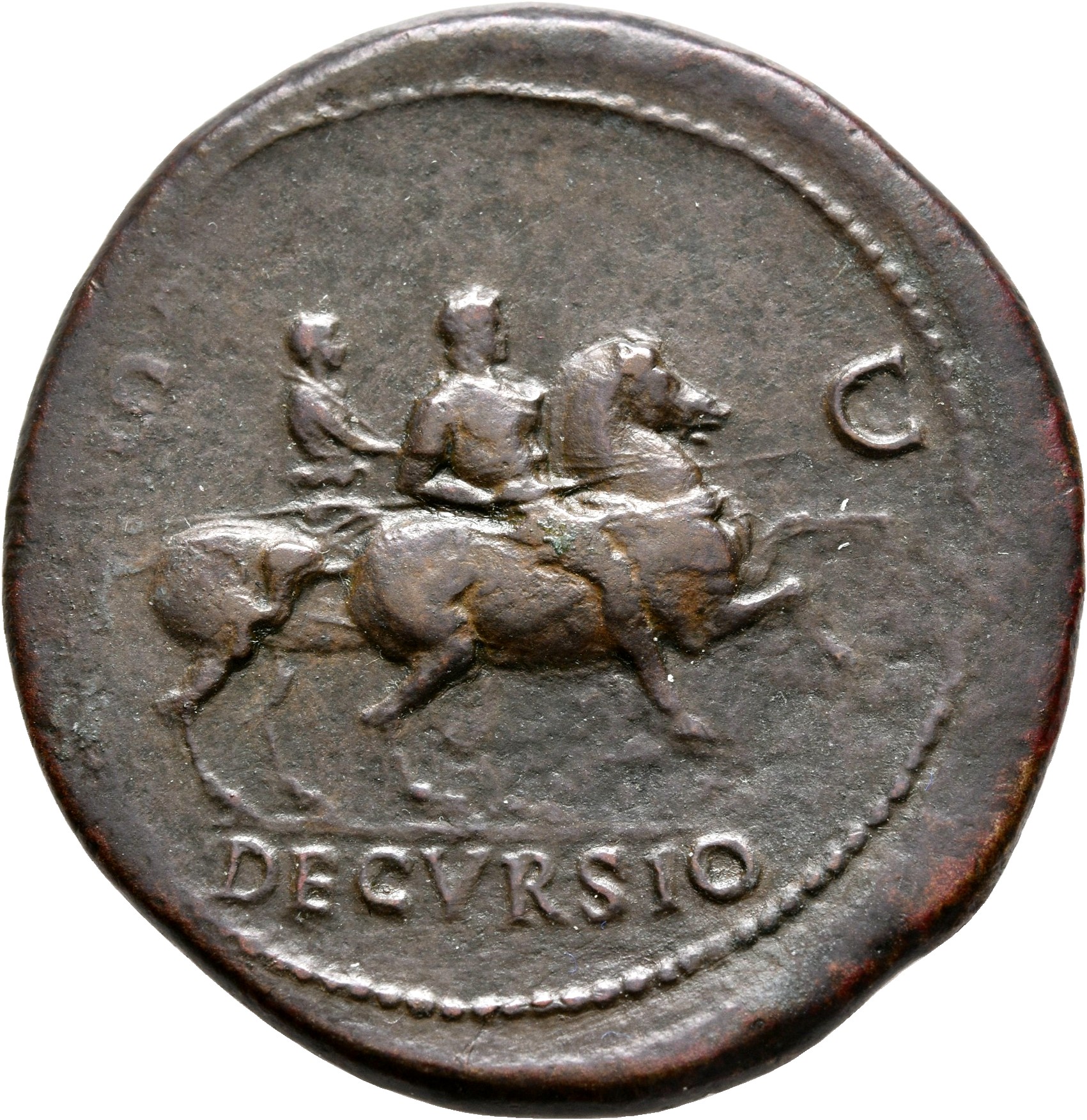 RIC I (second edition) Nero 508 Nero reverse, Nero, bare-headed, cuirassed, cloak flying behind, prancing right on horseba...
