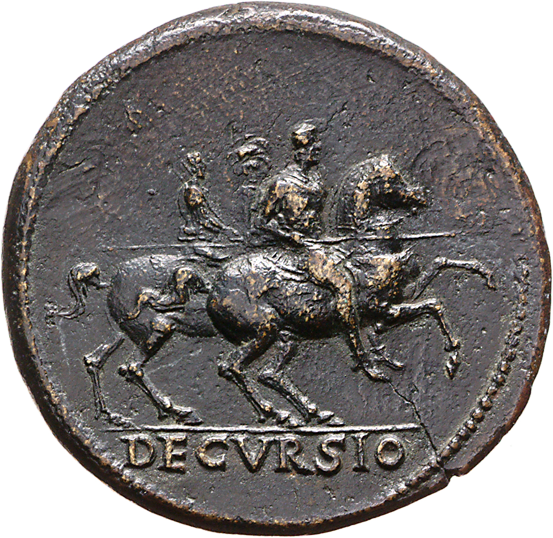RIC I (second edition) Nero 509 Nero reverse, Nero, bare-headed, cuirassed, cloak flying behind, prancing right on horseba...
