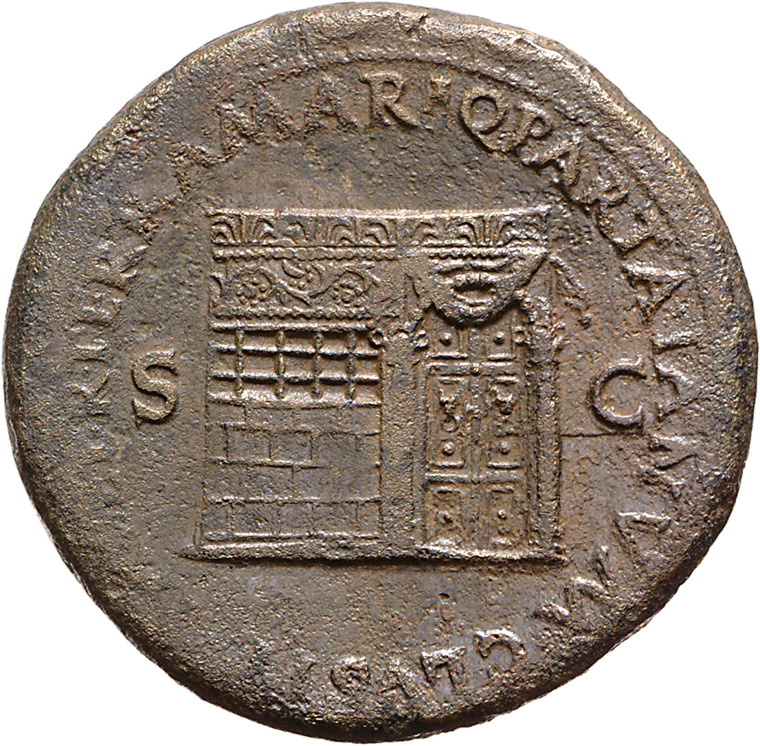 RIC I (second edition) Nero 510 Nero reverse, Temple of Janus, with latticed window to left and double doors to right with...