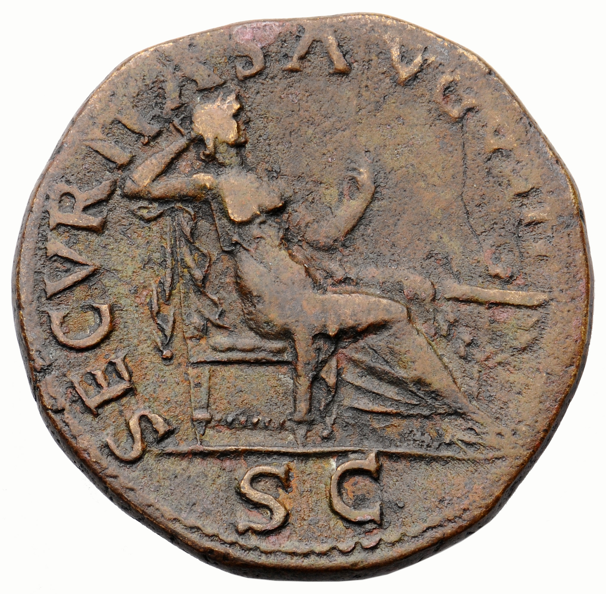 RIC I (second edition) Nero 518 Nero reverse, Securitas, bare to waist, seated right, on throne, resting head against righ...