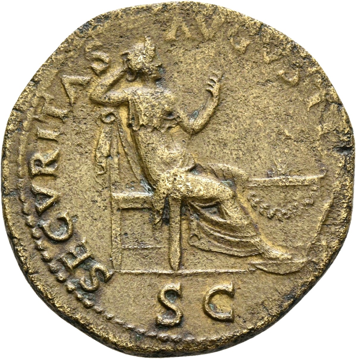 RIC I (second edition) Nero 518 Nero reverse, Securitas, bare to waist, seated right, on throne, resting head against righ...