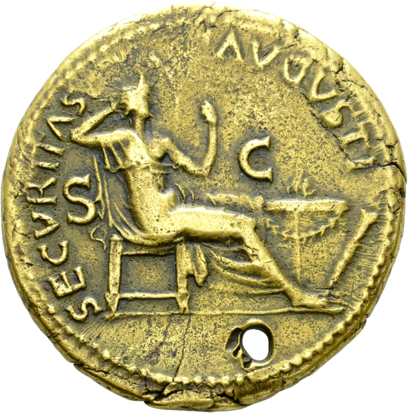 RIC I (second edition) Nero 519 Nero reverse, Securitas, bare to waist, seated right, on throne, resting head against righ...