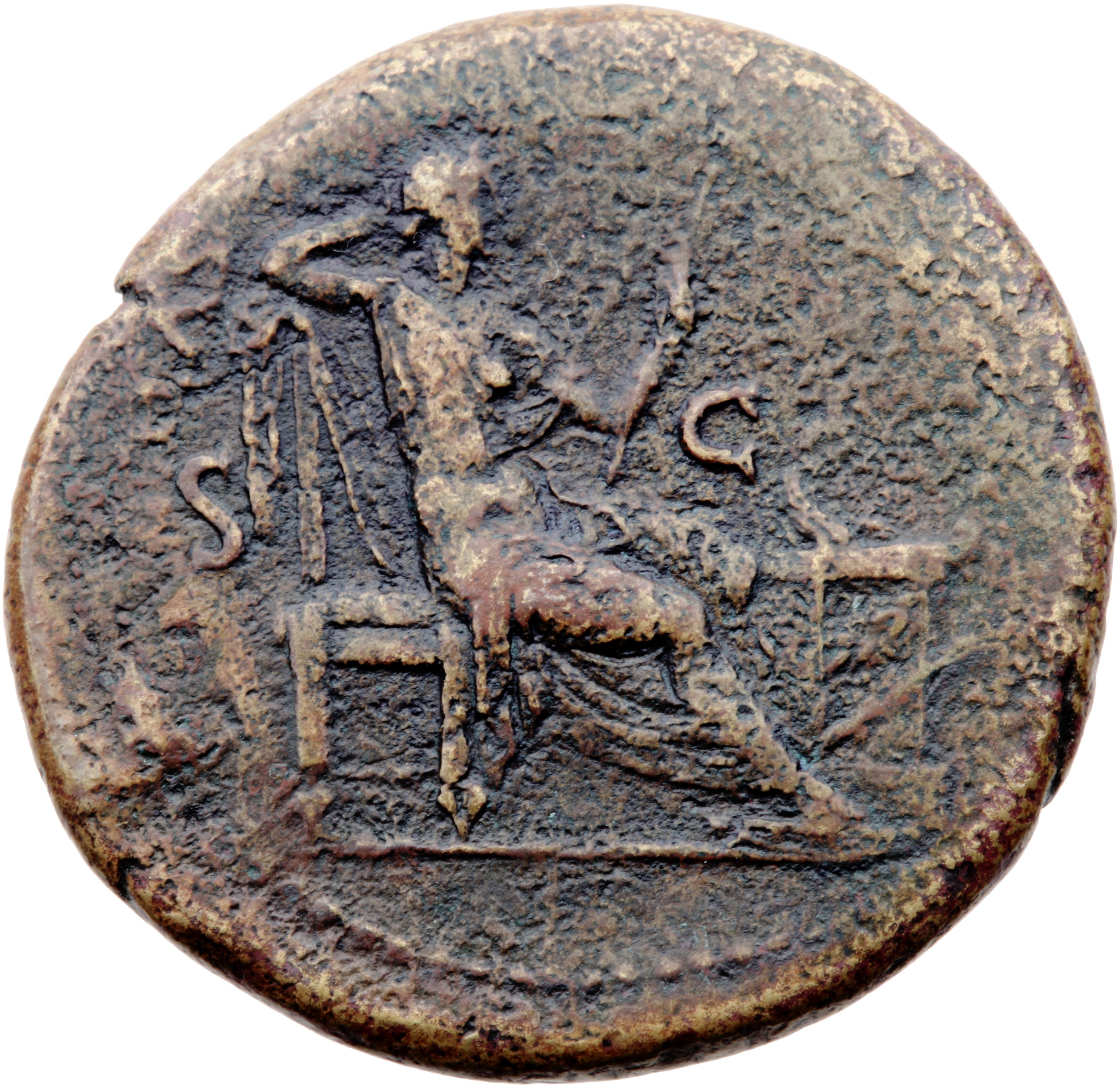 RIC I (second edition) Nero 521 Nero reverse, Securitas, bare to waist, seated right, on throne, resting head against righ...