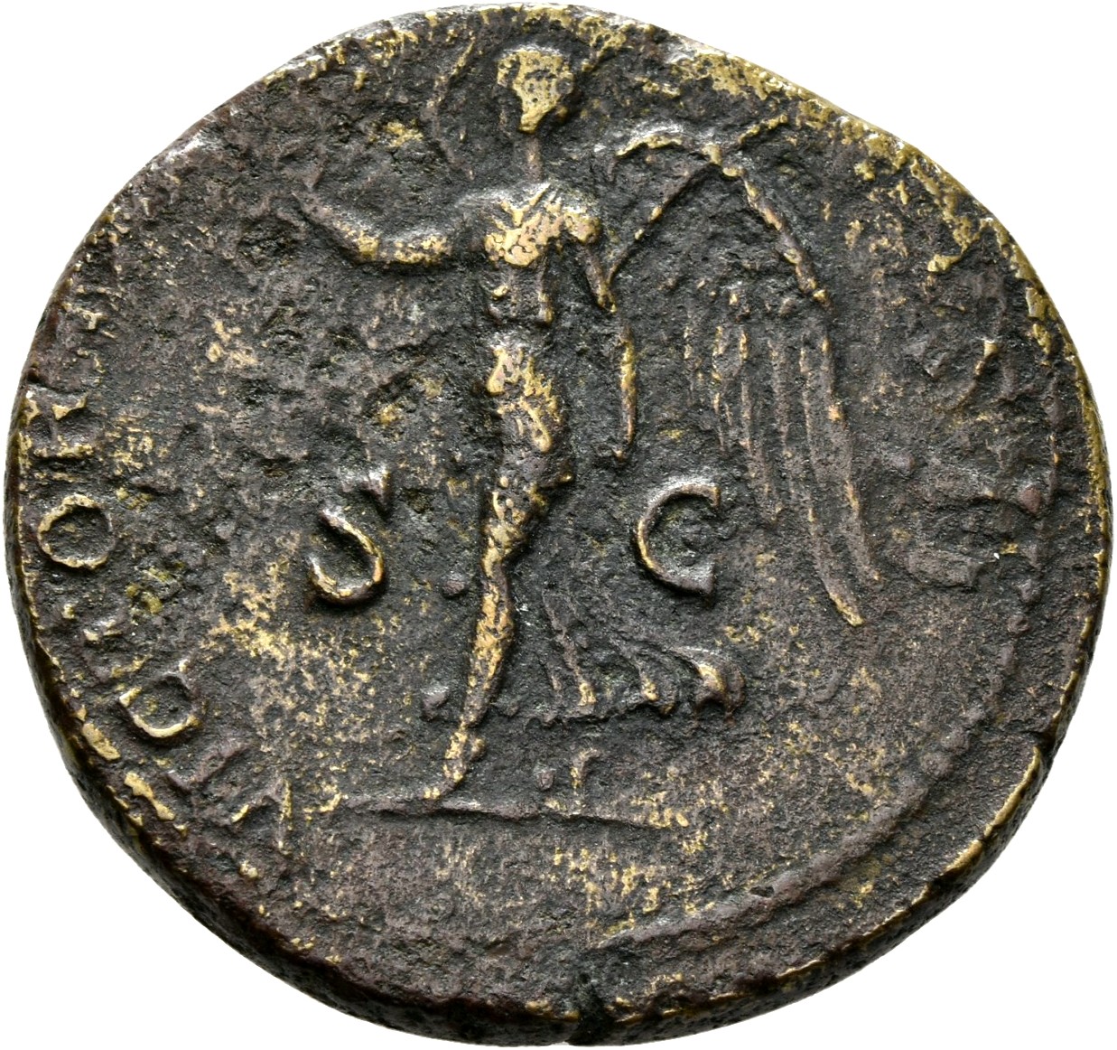 RIC I (second edition) Nero 522 Nero reverse, Victory walking left, holding wreath in right hand and palm in left