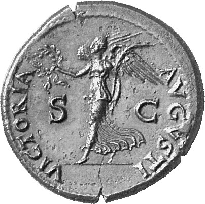 RIC I (second edition) Nero 523 Nero reverse, Victory walking left, holding wreath in right hand and palm in left