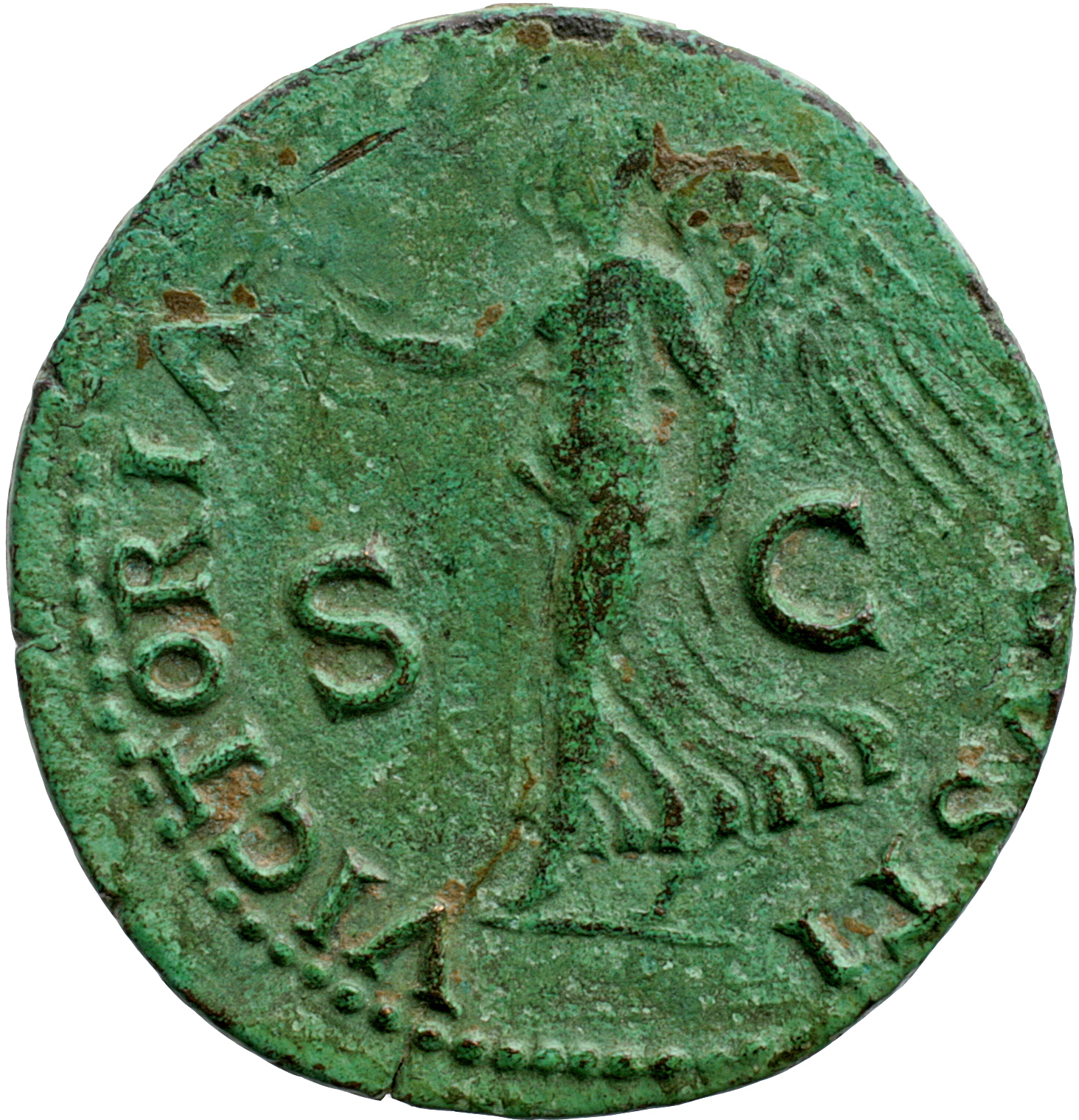 RIC I (second edition) Nero 523 Nero reverse, Victory walking left, holding wreath in right hand and palm in left