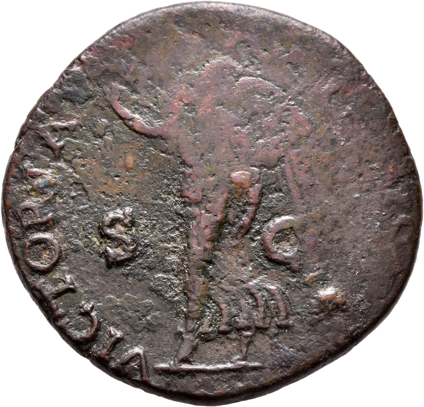 RIC I (second edition) Nero 524 Nero reverse, Victory walking left, holding wreath in right hand and palm in left
