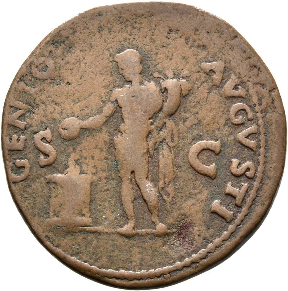 RIC I (second edition) Nero 533 Nero reverse, Genius Populi Romani standing left, holding patera over flaming altar in rig...