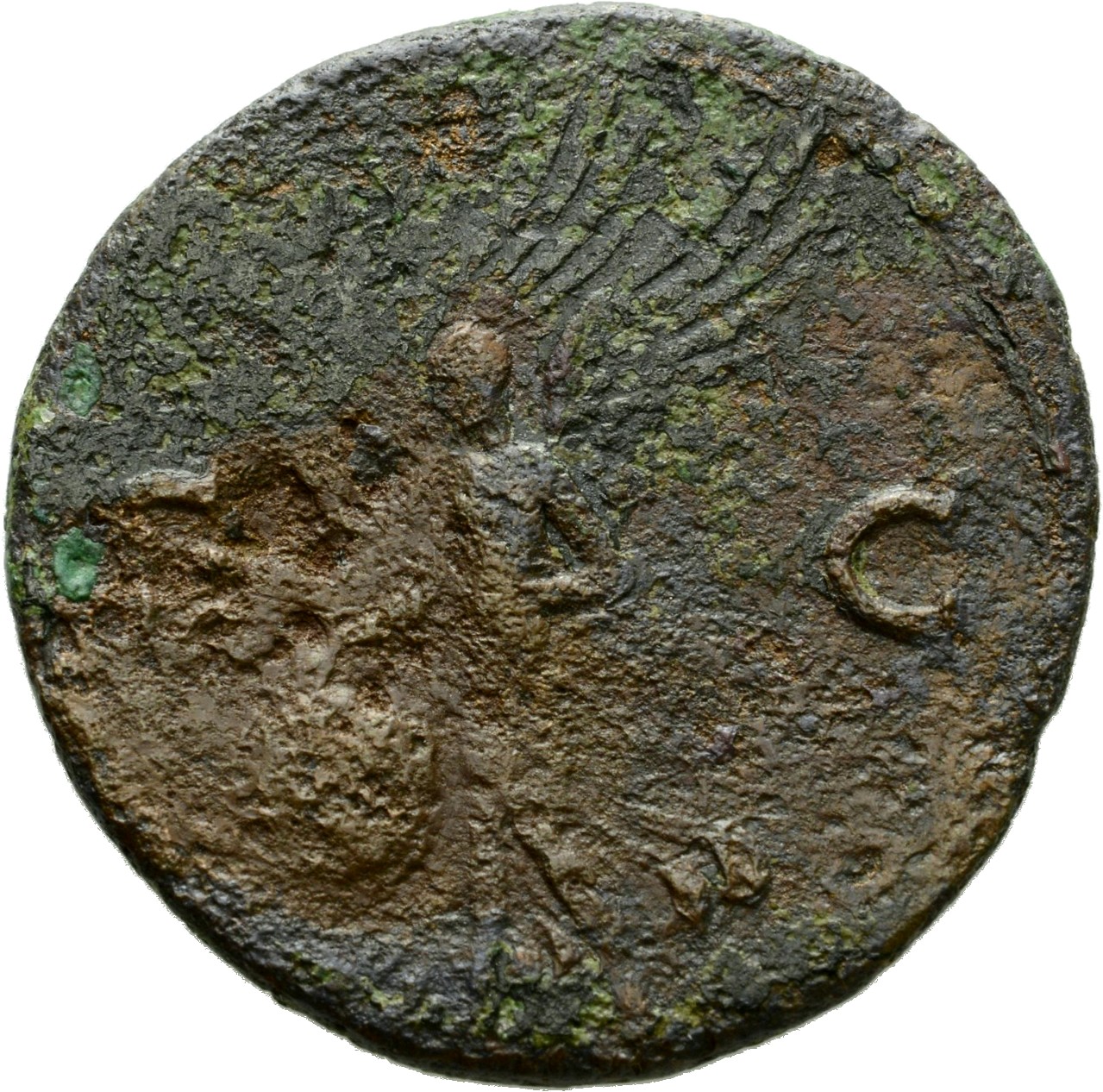 RIC I (second edition) Nero 543 Nero reverse, Victory, winged, draped, moving left, holding in both hands shield inscribed...
