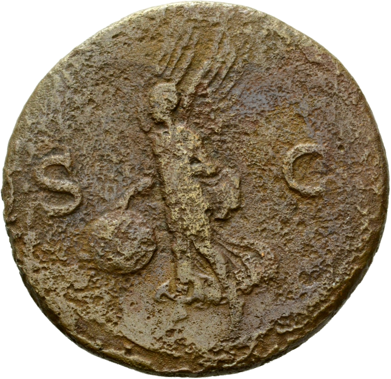 RIC I (second edition) Nero 544 Nero reverse, Victory, winged, draped, moving left, holding in both hands shield inscribed...
