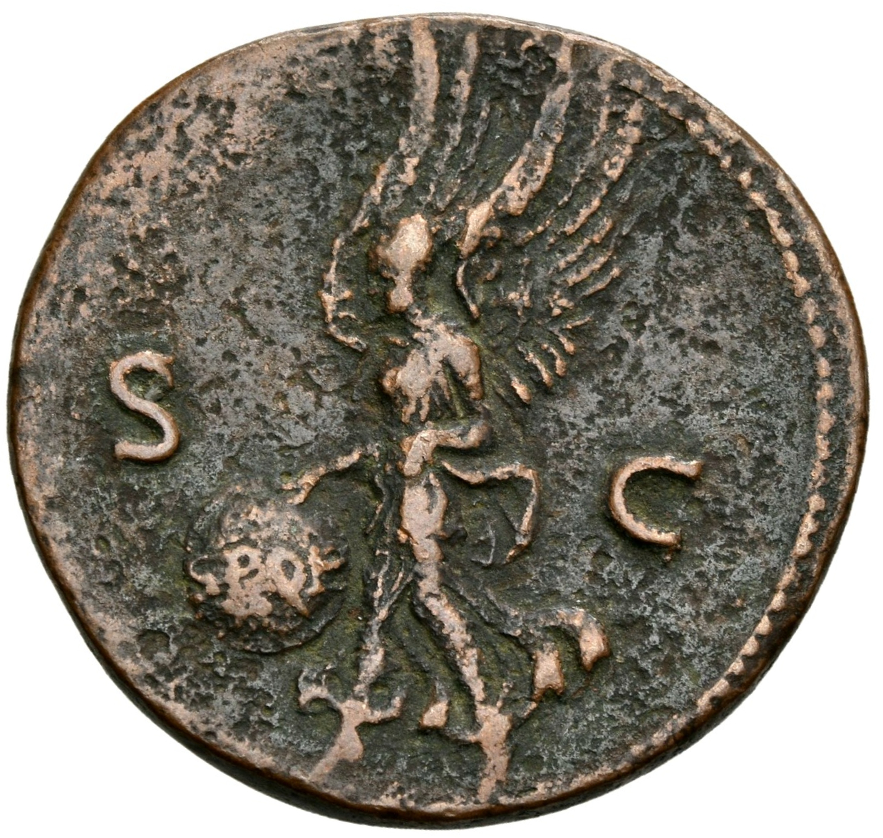 RIC I (second edition) Nero 544 Nero reverse, Victory, winged, draped, moving left, holding in both hands shield inscribed...