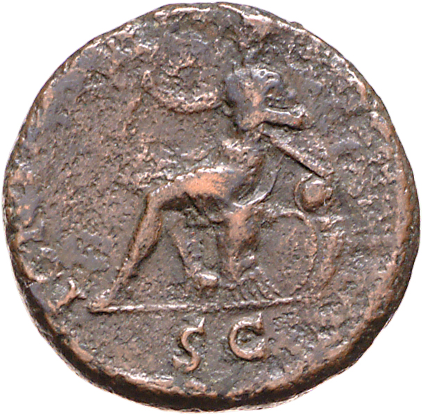 RIC I (second edition) Nero 550 Nero reverse, Roma, helmeted, in military dress, seated left on cuirass, holding wreath an...