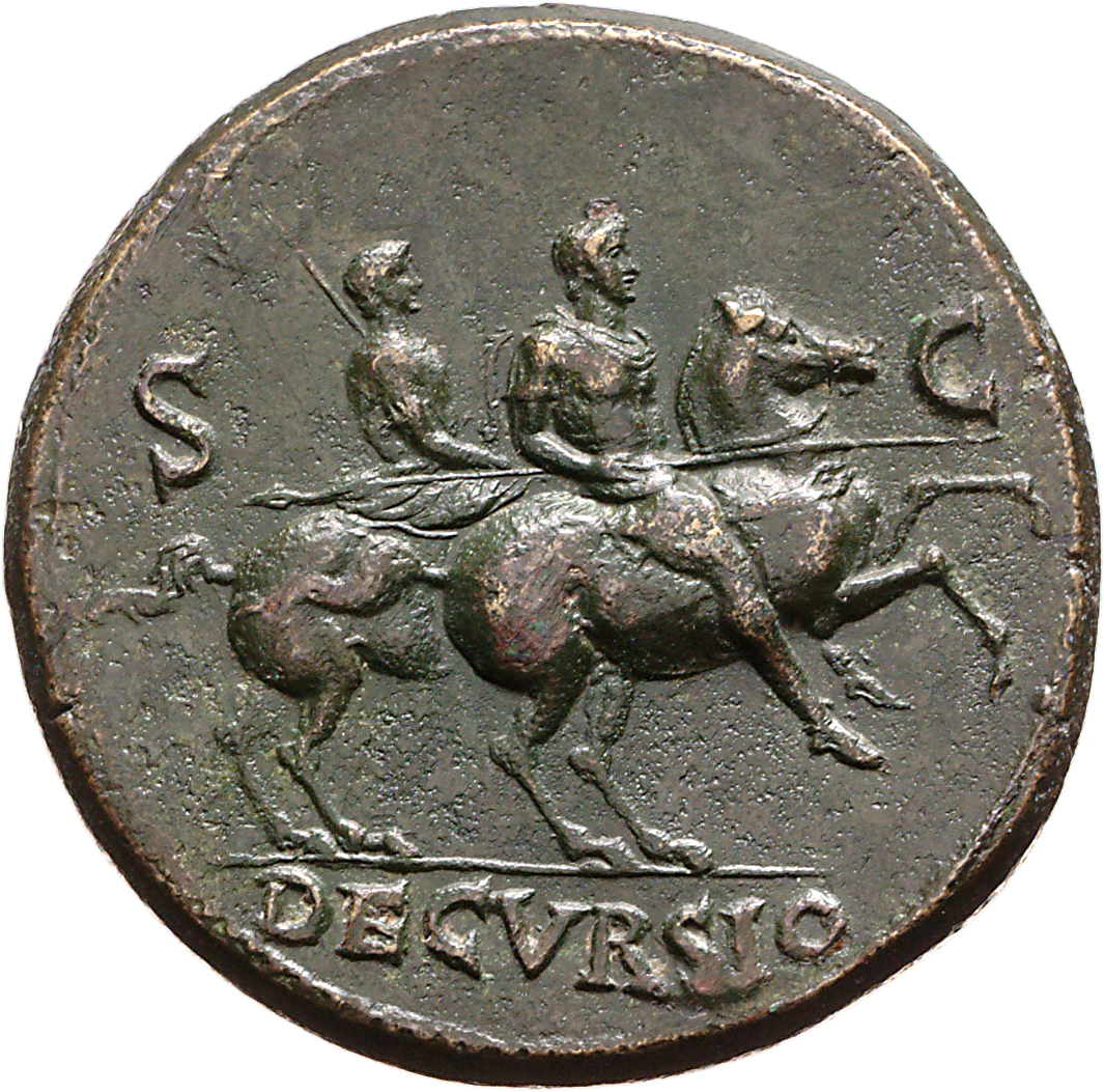 RIC I (second edition) Nero 577 Nero reverse, Nero, bare-headed, cuirassed, cloak flying behind, prancing right on horseba...
