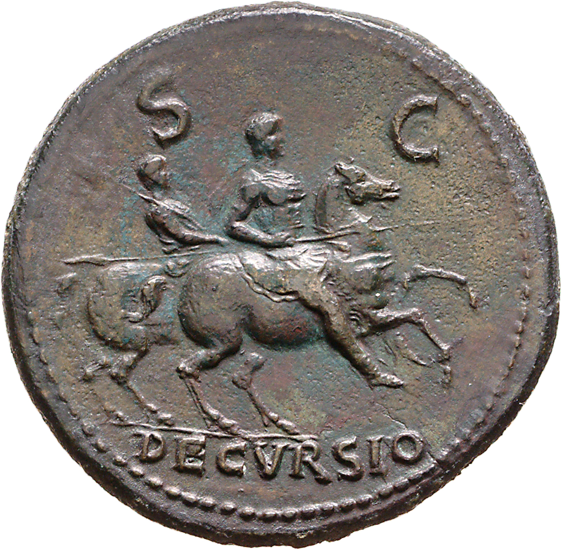 RIC I (second edition) Nero 579 Nero reverse, Nero, bare-headed, cuirassed, cloak flying behind, prancing right on horseba...