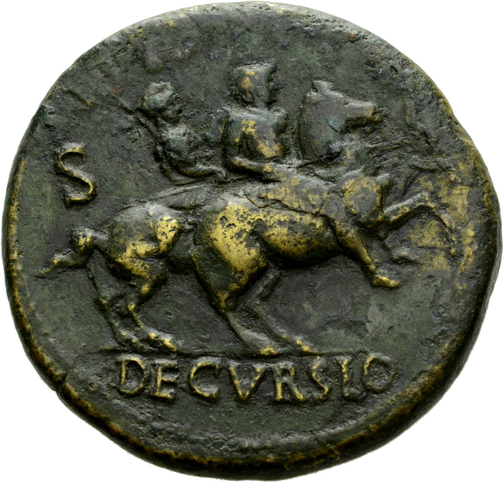 RIC I (second edition) Nero 580 Nero reverse, Nero, bare-headed, cuirassed, cloak flying behind, prancing right on horseba...