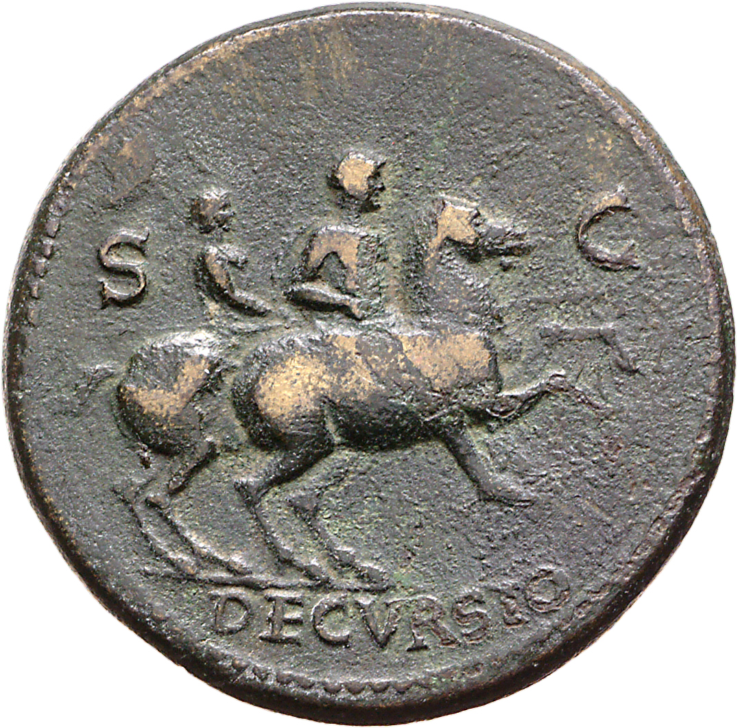 RIC I (second edition) Nero 581 Nero reverse, Nero, bare-headed, cuirassed, cloak flying behind, prancing right on horseba...