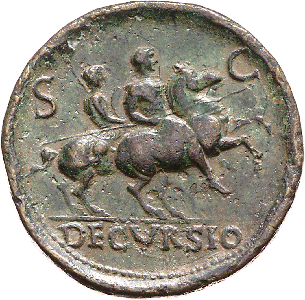 RIC I (second edition) Nero 581 Nero reverse, Nero, bare-headed, cuirassed, cloak flying behind, prancing right on horseba...