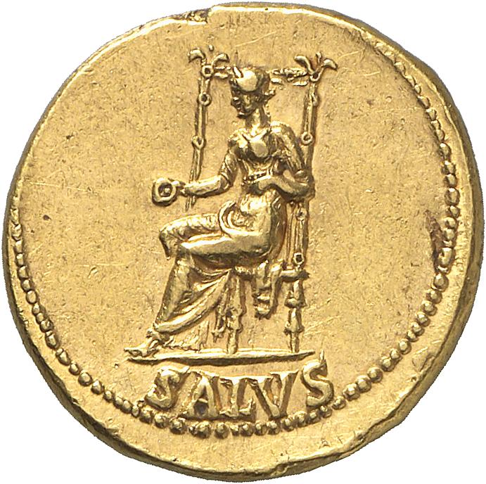 RIC I (second edition) Nero 59 Nero reverse, Salus, draped, seated left, on ornamental throne, holding patera in right han...