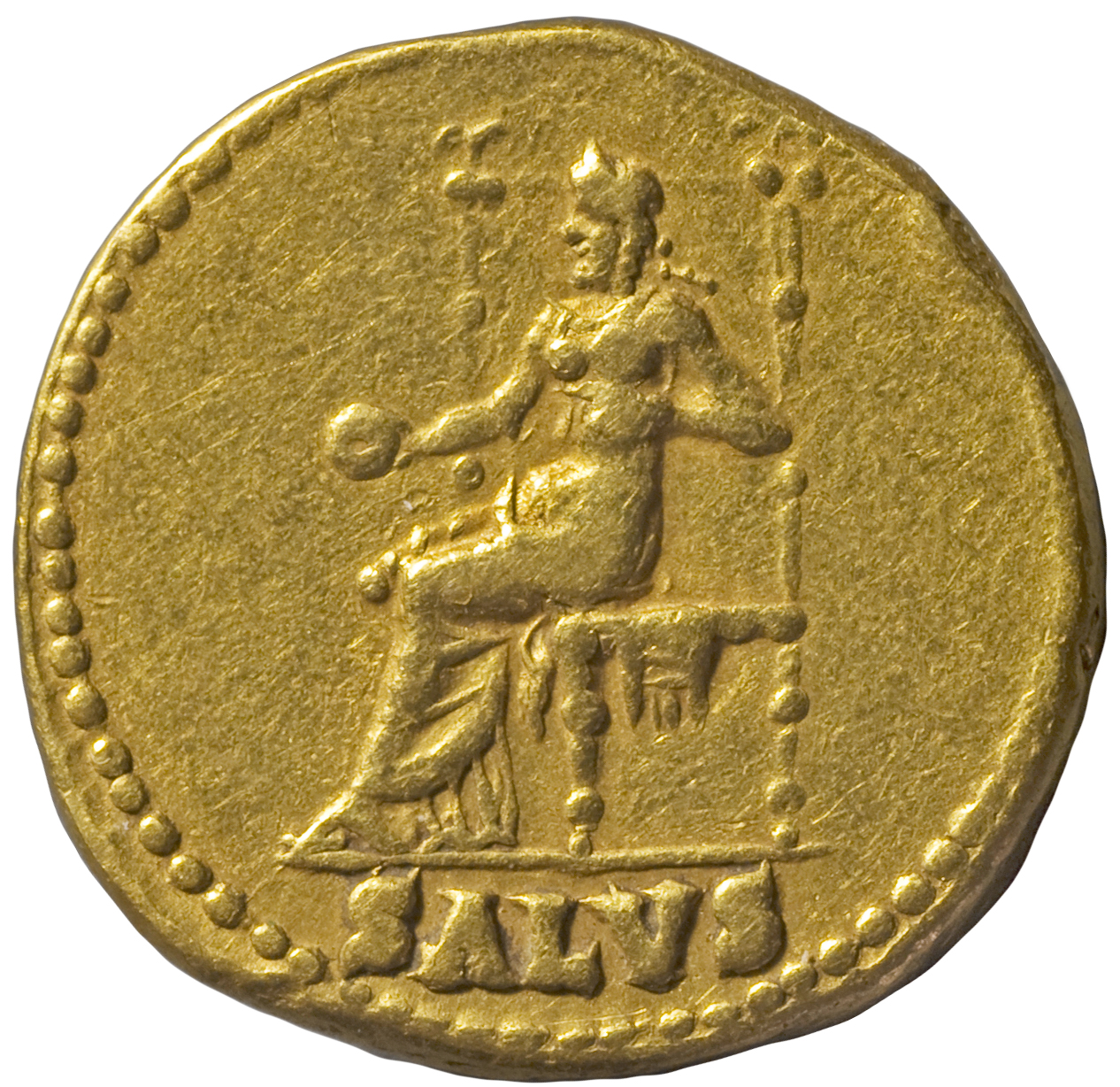 RIC I (second edition) Nero 59 Nero reverse, Salus, draped, seated left, on ornamental throne, holding patera in right han...
