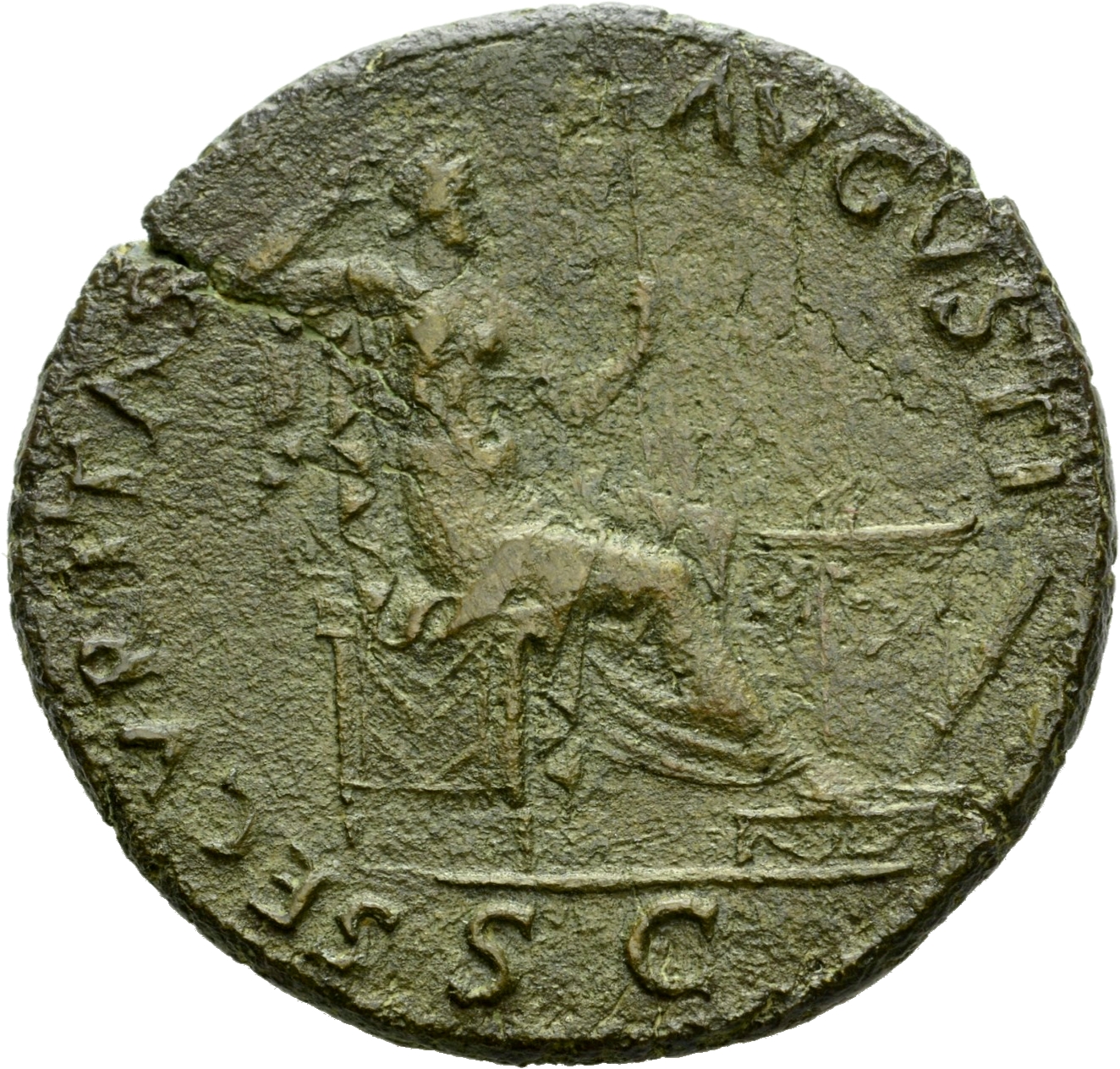 RIC I (second edition) Nero 597 Nero reverse, Securitas, bare to waist, seated right, on throne, resting head against righ...