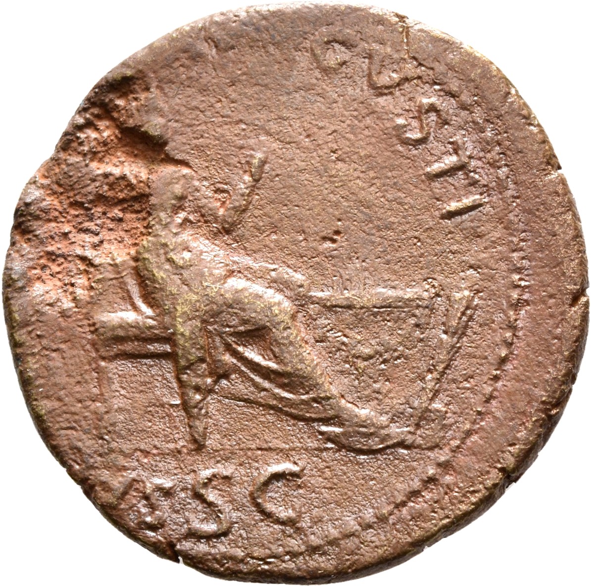 RIC I (second edition) Nero 597 Nero reverse, Securitas, bare to waist, seated right, on throne, resting head against righ...