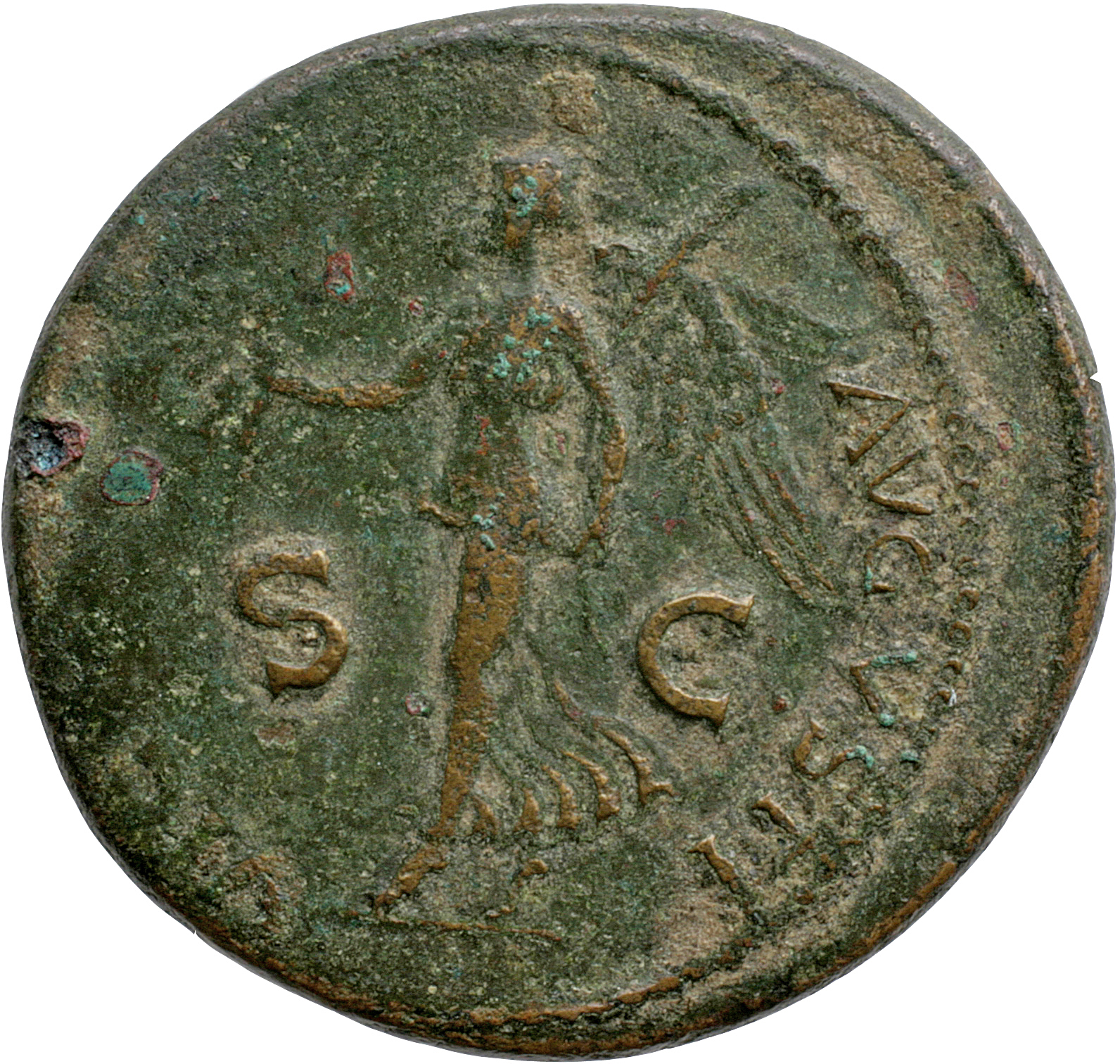 RIC I (second edition) Nero 602 Nero reverse, Victory walking left, holding wreath in right hand and palm in left