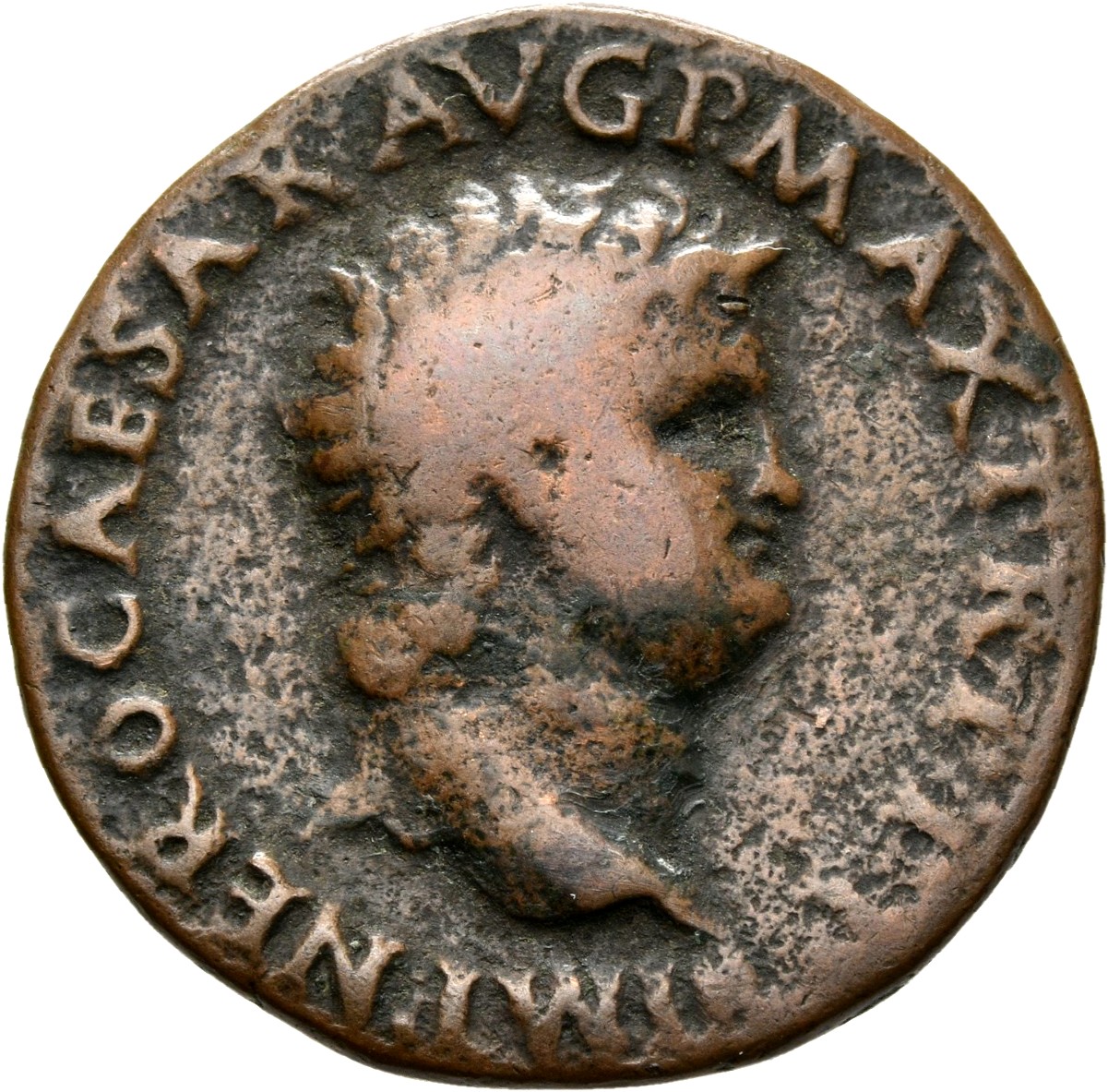RIC I (second edition) Nero 605 Nero obverse, Head of Nero, bare, right; small globe at point of neck