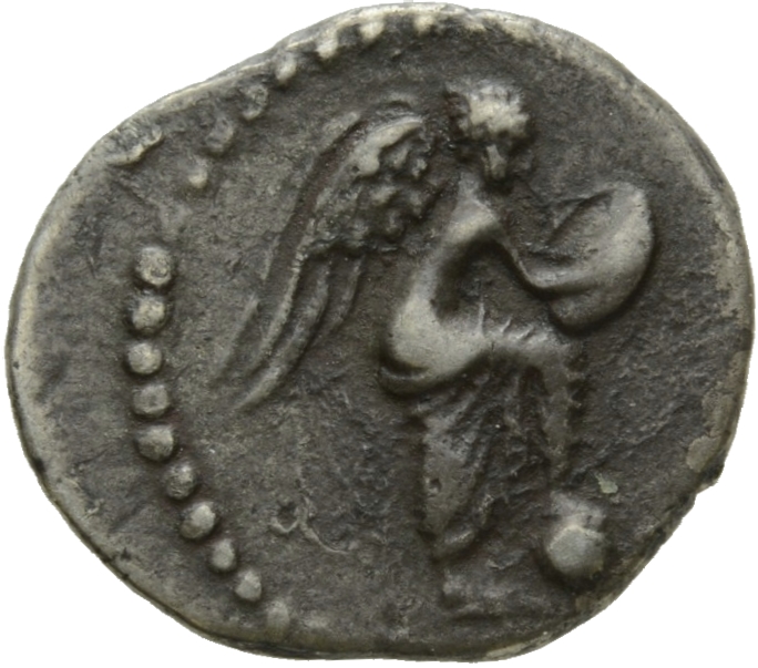RIC I (second edition) Nero 618 Nero reverse, Victory, naked to waist, standing right with right foot on globe, inscribing...