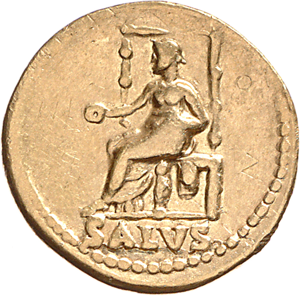 RIC I (second edition) Nero 66 Nero reverse, Salus, draped, seated left, on ornamental throne, holding patera in right han...