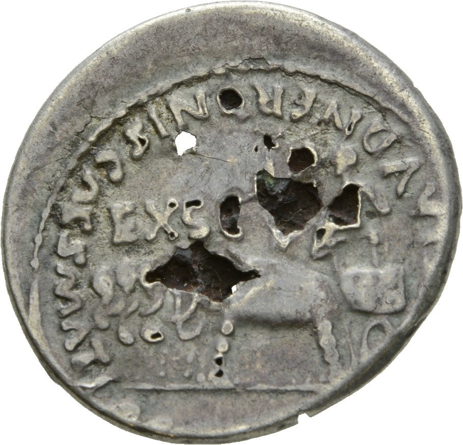 RIC I (second edition) Nero 7 Nero reverse, Quadriga of elephants, left, bearing two chairs with figures of Divus Claudius...