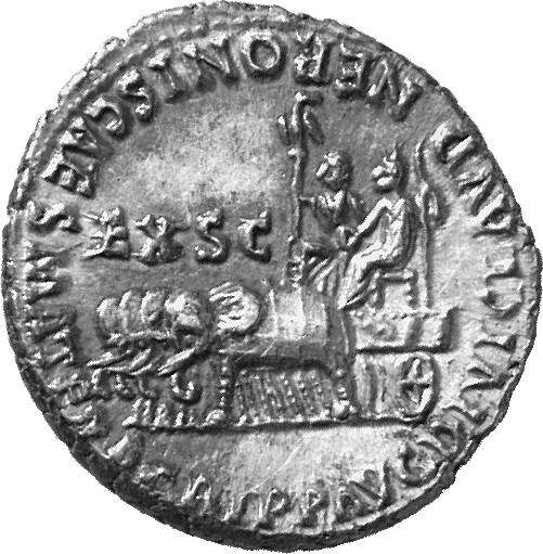 RIC I (second edition) Nero 7 Nero reverse, Quadriga of elephants, left, bearing two chairs with figures of Divus Claudius...