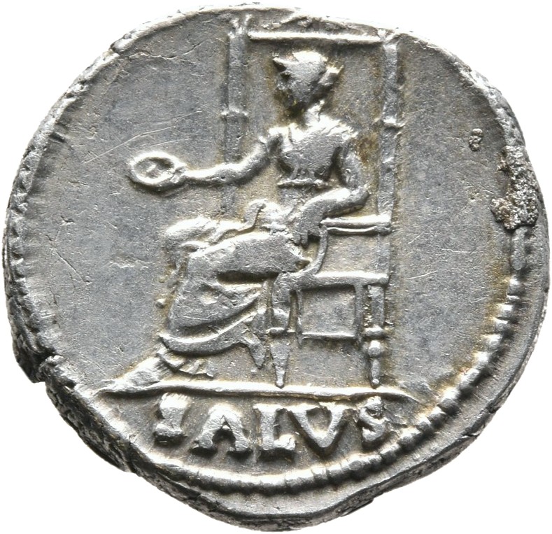 RIC I (second edition) Nero 71 Nero reverse, Salus, draped, seated left, on ornamental throne, holding patera in right han...