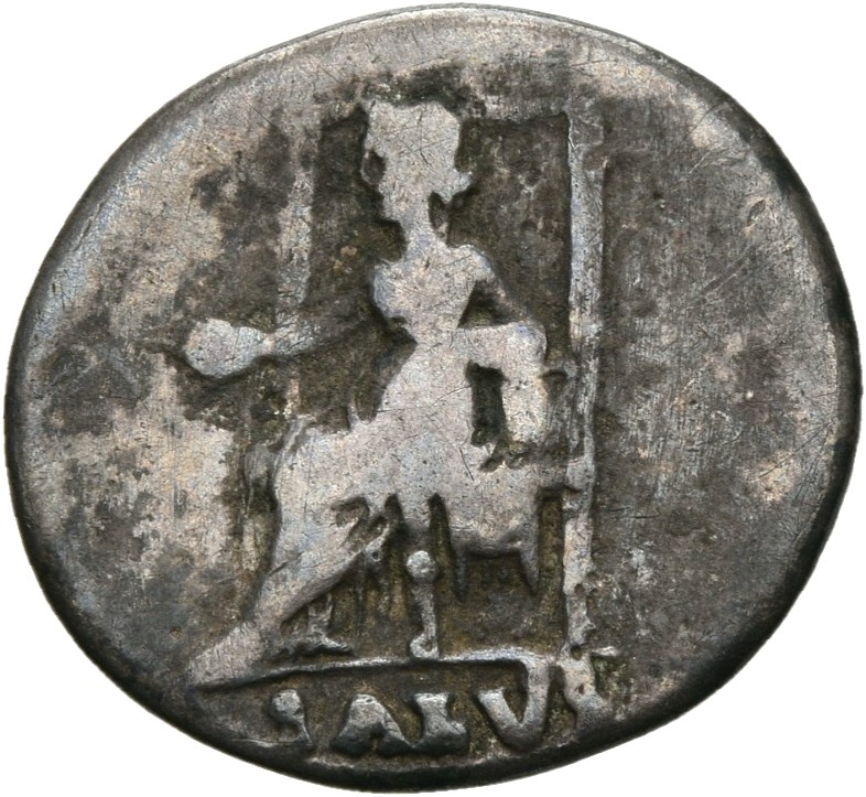 RIC I (second edition) Nero 71 Nero reverse, Salus, draped, seated left, on ornamental throne, holding patera in right han...