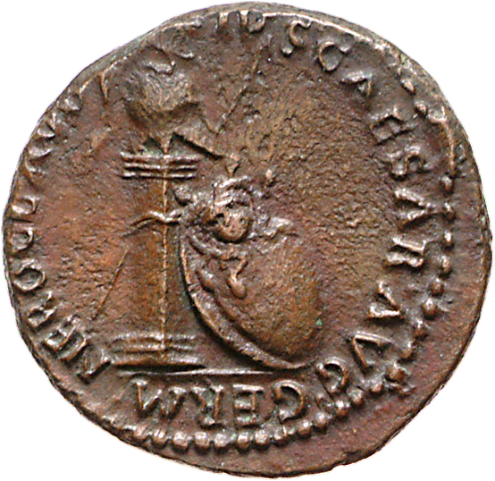RIC I (second edition) Nero 94 Nero obverse, Column bearing helmet; shield depicting a gorgoneion resting on column, right...