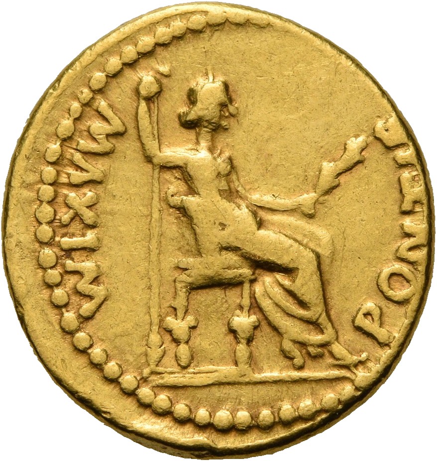 RIC I (second edition) Tiberius 27 Tiberius reverse, Female figure, draped, right, seated, right holding branch and invert...