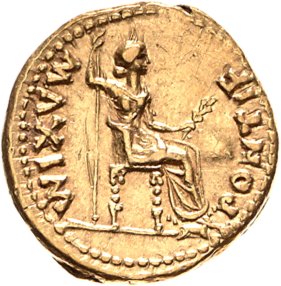 RIC I (second edition) Tiberius 29 Tiberius reverse, Female figure, draped, right, seated, right holding branch and invert...