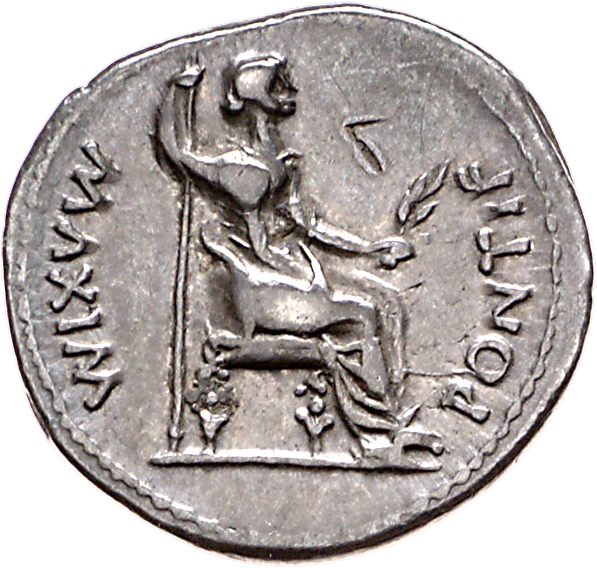 RIC I (second edition) Tiberius 30 Tiberius reverse, Female figure, draped, right, seated, right holding branch and long v...