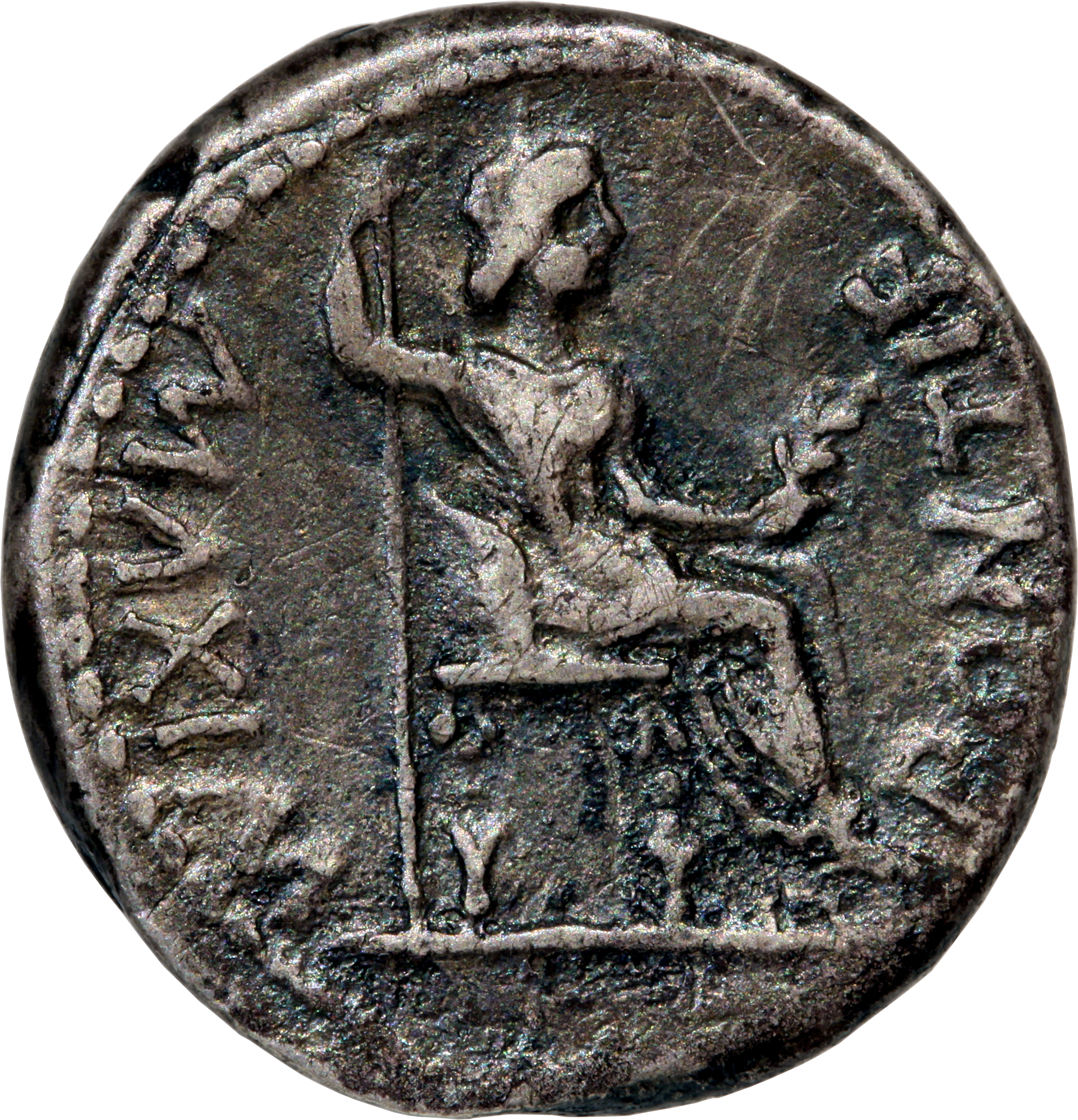 RIC I (second edition) Tiberius 30 Tiberius reverse — Female figure, draped, right, seated, right holding branch and long ...